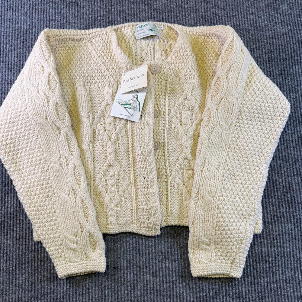 Inisfree Knitwear Cardigan Sweater Small Cream 100% Pure Wool Made in Ireland NW